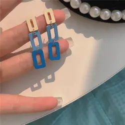 Small Fresh Contrast Blue Sqaure Clip Earrings No Hole Simple Hollow Out Rectangular Long Clip on Earrings Non Pierced Ears