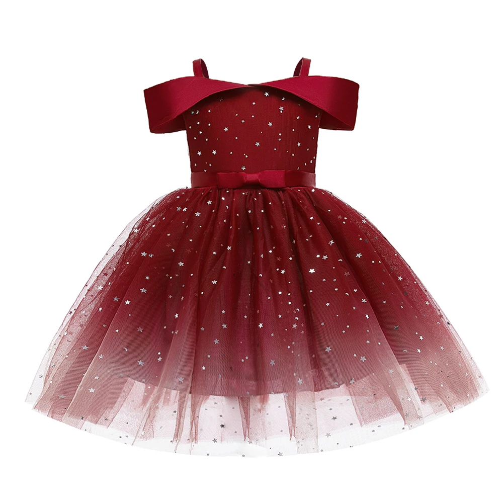 Summer Star Sequin Girls Dress Christmas Costumes Lace Wedding Birthday Party Princess Dresses For Girl Bow Bridesmaid Prom Gown