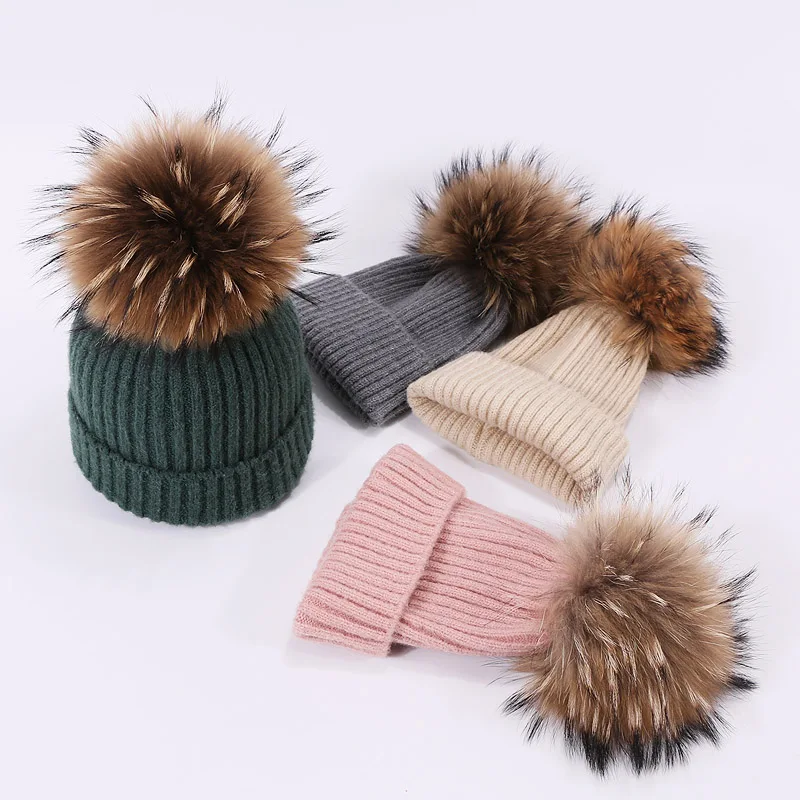 Winter Pompom Hat for Kids Ages 1-7 Knit Beanie Winter Baby Hat for Children Real Natural Fur Pom Pom Hats for Girls and Boys