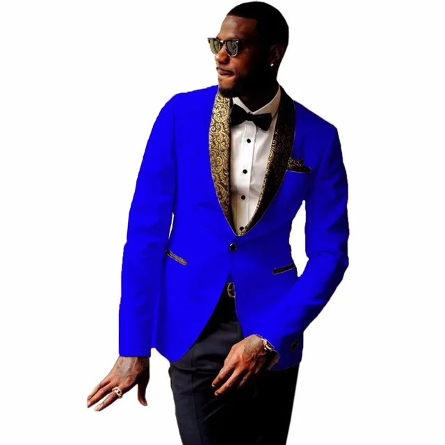 

JELTONEWIN Newest Men Suits 2 Pieces Fashion Royal Blue Wedding Suits For Men Custom Gold Floral Shawl Lapel Groom Tuxedo Blazer