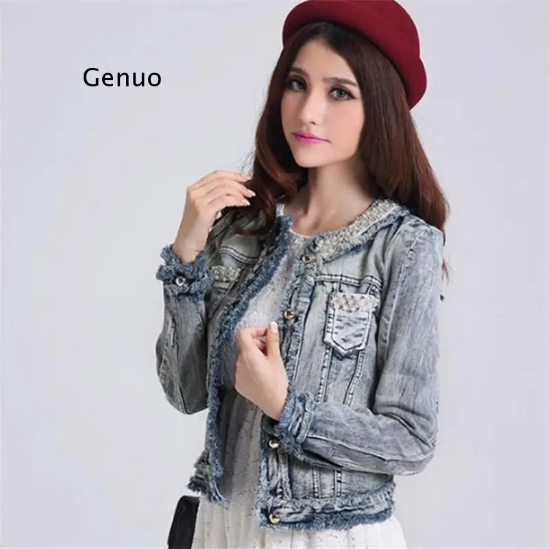 women new small fragrance beaded diamond denim jacket female short section slim wild jean jacket