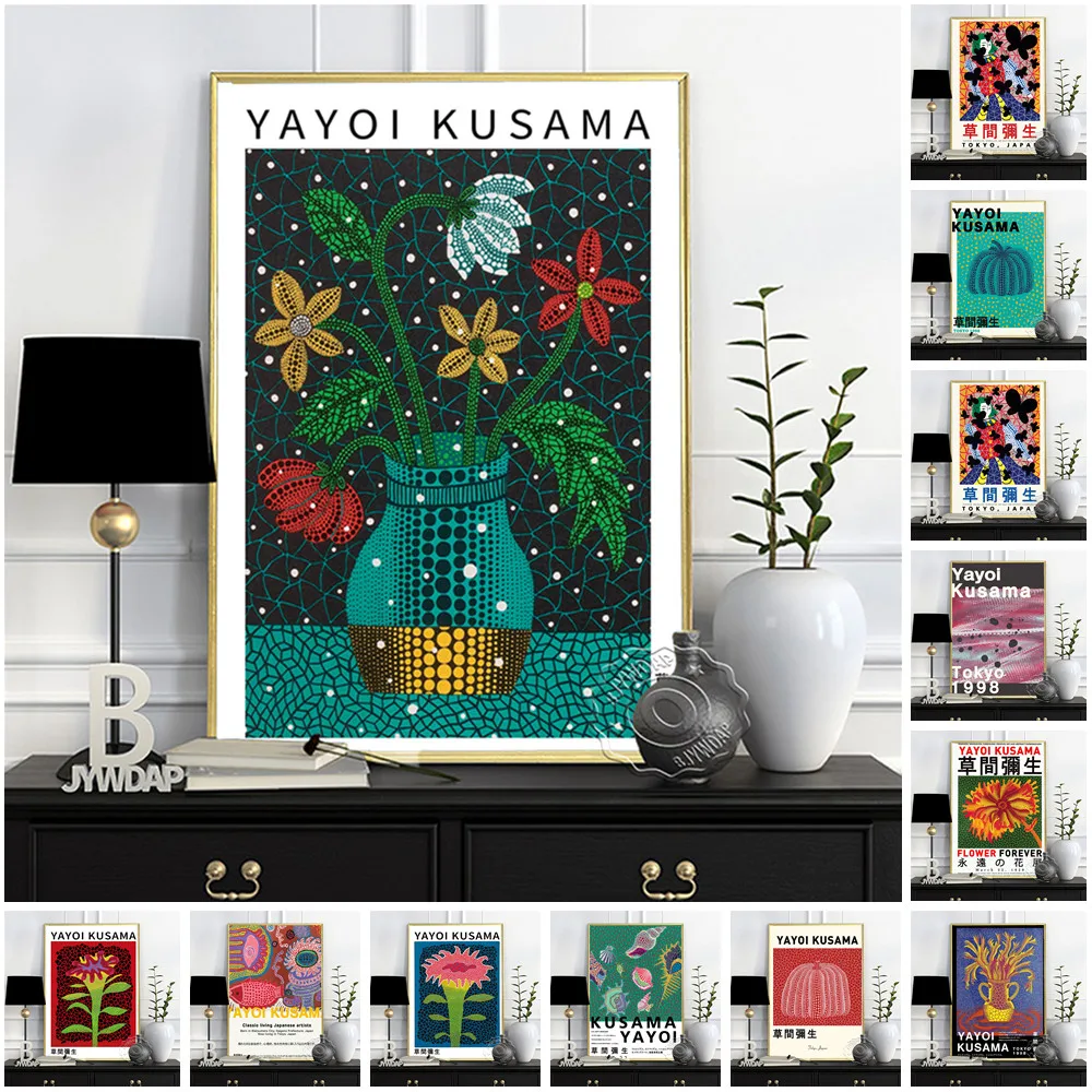 

Yayoi Kusama Museum Exhibition Poster, Yayoi Pumpkin Prints, Kusama Flowers Wall Picture, Japan Abstract Patten Wall Painting