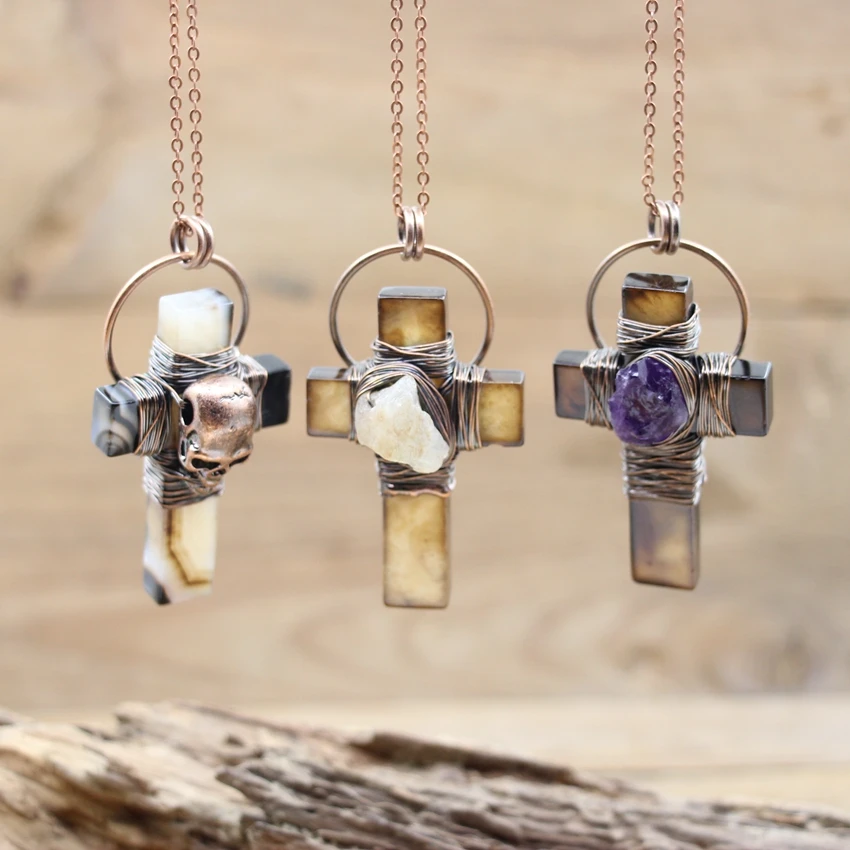 

Natural Agates Cross Soldered Bronze Pendants Antique Copper Wire Wrap Amethysts Citrine Skull Necklaces Boy Boho Jewelry,QC3216