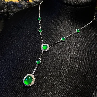 Gaobing S925 Silver Plated Inlaid Green Chalcedony Necklace Ice Transparent Fluorescent Jewelry Clavicle Chain Accessories