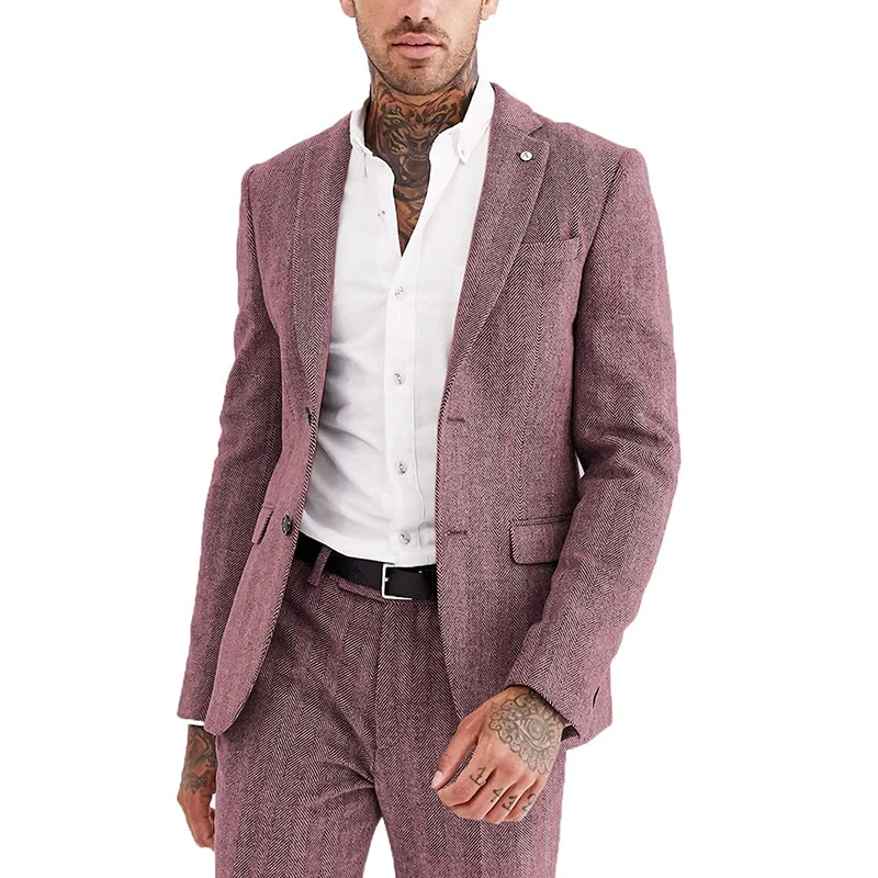 Formal Pink Wool Tweed Suits Men Herringbone Suits For Winter Wedding Groom Tuxedo 3 Piece Jacket Waistcoat with Pants 2020 New