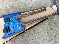 double headless electric guitar, blue tiger veneer, 4-string bass +6-string guitar portable headless electric guitar