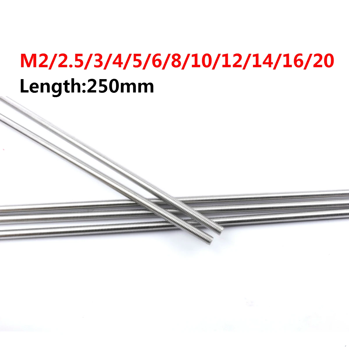 M3 M4 M5 M6 M8 M10 M12 M14 M16 M20 Threaded Rod Full-Thread Bar DIN975 304 Stainless Steel Fasteners Silver  Length 250mm