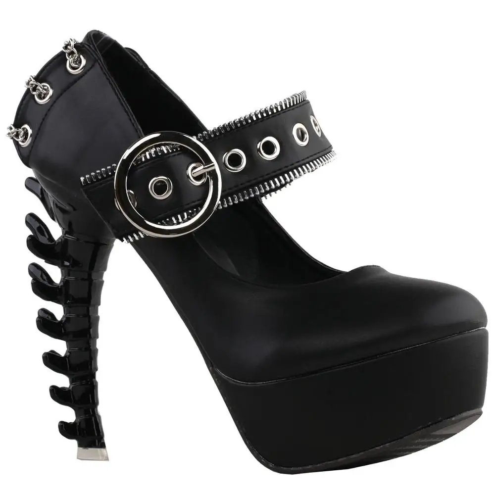 LF80715 SHOW STORY Retro Black Buckle Metal Chain Zip Mary-Jane Gladiator Platform Bone Heels Pumps