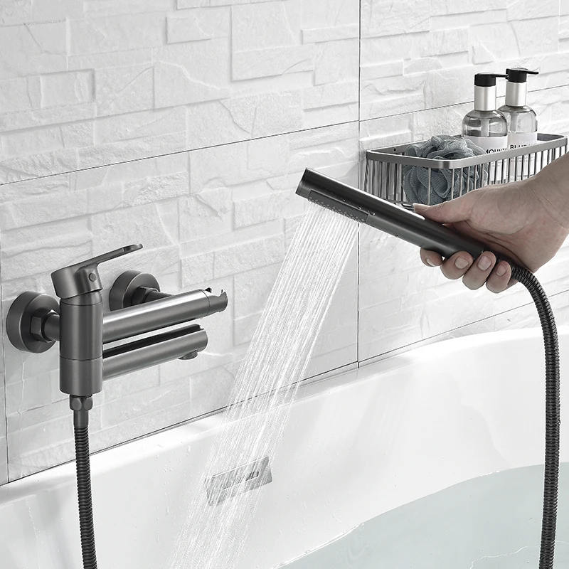 Imagem -04 - Torneira de Banheira de Parede Ouro Escovado Latão Torneira Misturadora de Água Quente e Fria Chuveiro Portátil Cromo Preto Banheiro