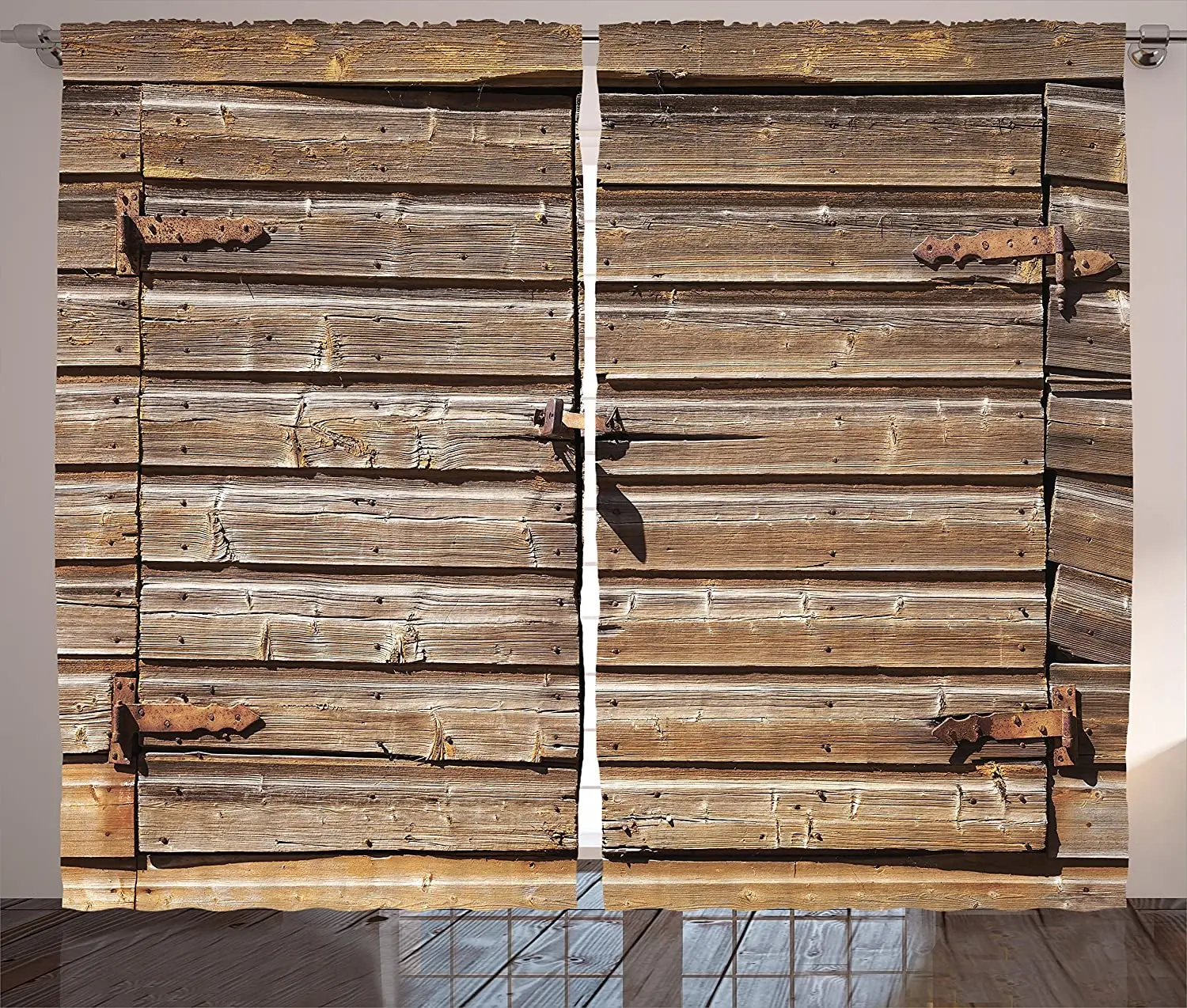 Brown Rustic Curtains Old Wooden Aged Barn Door with Padlock Abandoned Vintage Farmhouse Rural Village Photo  Window Curtain