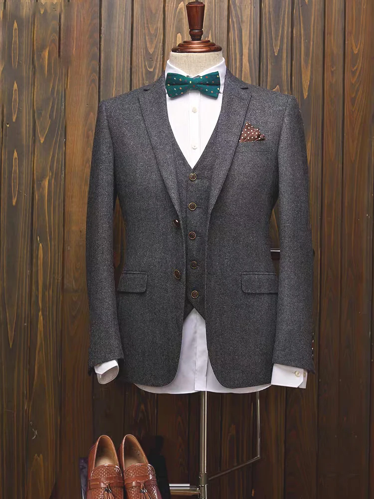 Blazer masculino de lã, smoking com dois botões, terno feito sob encomenda, padrinho, 3 peças (jaqueta + colete + calças)