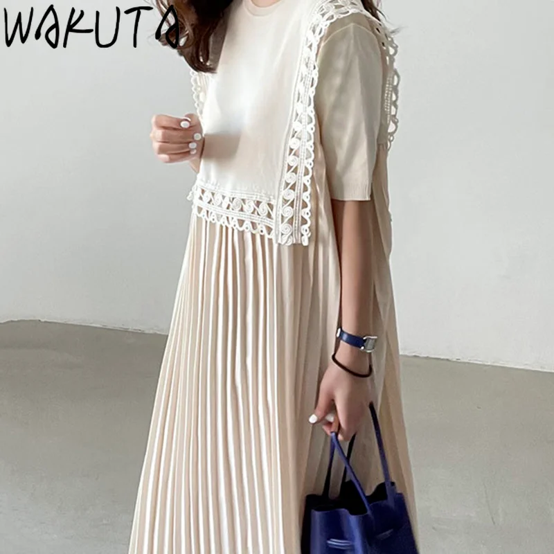 WAKUTA French New Women Vintage Loose Long Dress 2024 Summer Hollow Out Pleated Dresdes Fashion Korean Womens Clothes Elegant