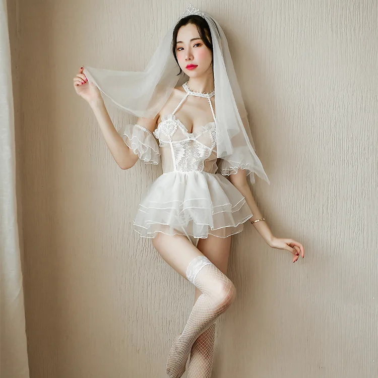 Sexy Women Porn White Bride Wedding Dress Erotic Cosplay Sex Costumes Lace Sling Lingerie Fishnet Stockings Set Bride Uniforms