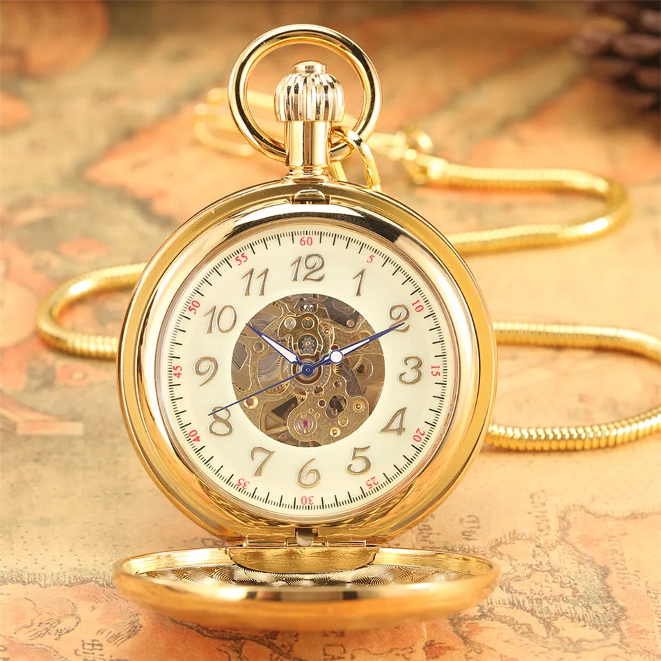 Gold Copper Double Horse Display Automatic Mechanical Pocket Watch Blue Pointers Luxury Pendant Self-Winding Antique Clock