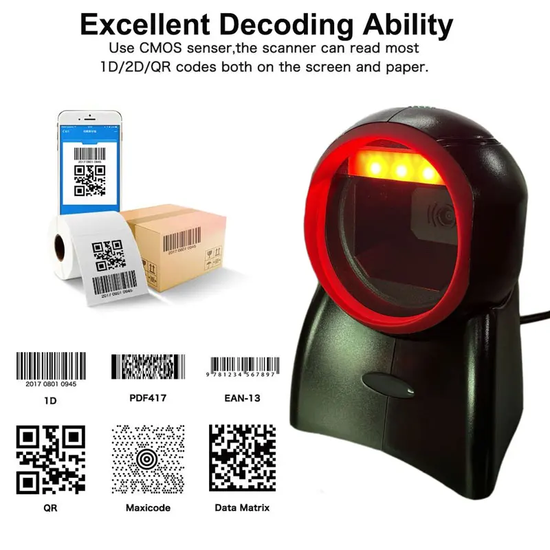 HBAPOS 1D 2D QR Code Scanner Desktop Hände-Freies USB Verdrahtete Barcode Reader Automatische Sensing Decoder Einstellbare Scan für POS PC