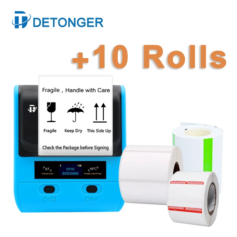 DETONGER 80mm Multifunction BluetoothThermal Portable Label Printer Plus 10 Rolls Label Warehouse Goods Various Sticker Maker