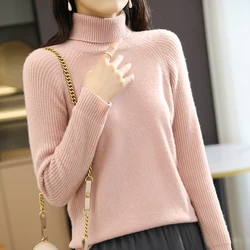 LONGMING Women Turtleneck Sweater 100% Merino Wool Knit Pullover Autumn Knitwear Jumpers Female Sweaters Knit Top Long Sleeve