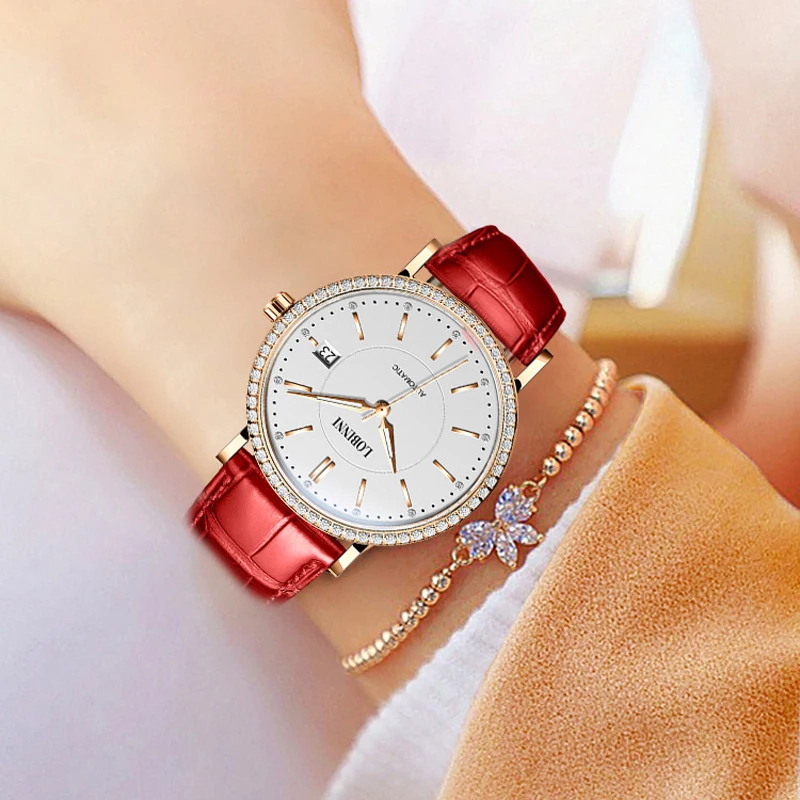 LOBINNI 새로운 MITOTA 무브먼트 여성 시계 럭셔리 라인 석 설정 시계 방수 자동 기계식 여성용 손목 시계