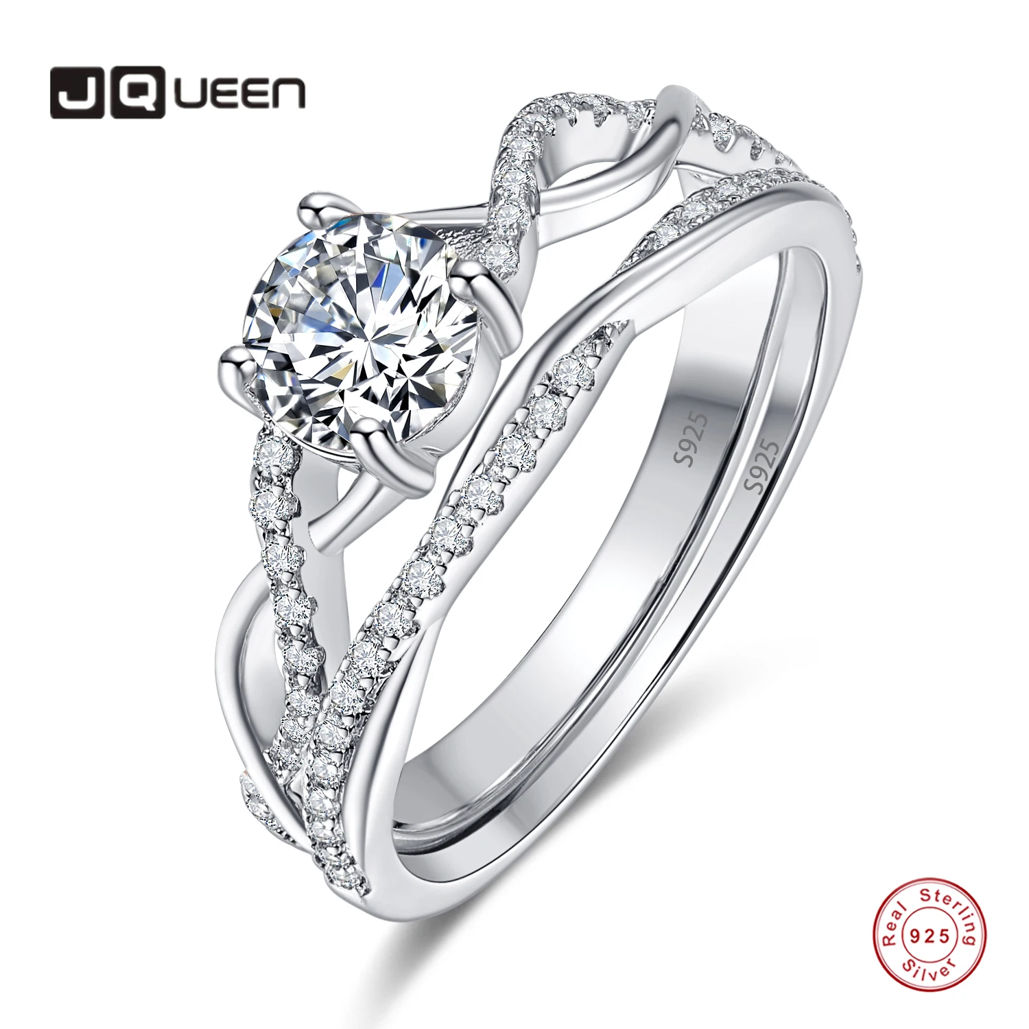 JQUEEN Women's 6.5mm Round Diamond Zircon Ring Wedding Ring Silver Ring 925 Jewelry Paving Set CZ Zircon Crystal Jewelry