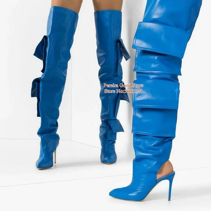 

Hollow Pocket High Heels Boots Peep Toe Blue Matte Leather Over The Knee Boots Stretch Ruwnay Bootie Fashion Dress Shoes