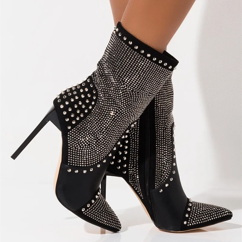 

Women Ankle Boots Autumn High Heel Shoes Punk Designer Rivet Crystal Studed Woman Pointed Toe Gothic Motorcycle Boots