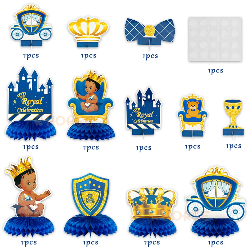 12Pcs Royal Prince Themed Honeycomb Centerpiece Balls Table Toppers Castle Crown Baby Shower Decoration Birthday Party Supplies