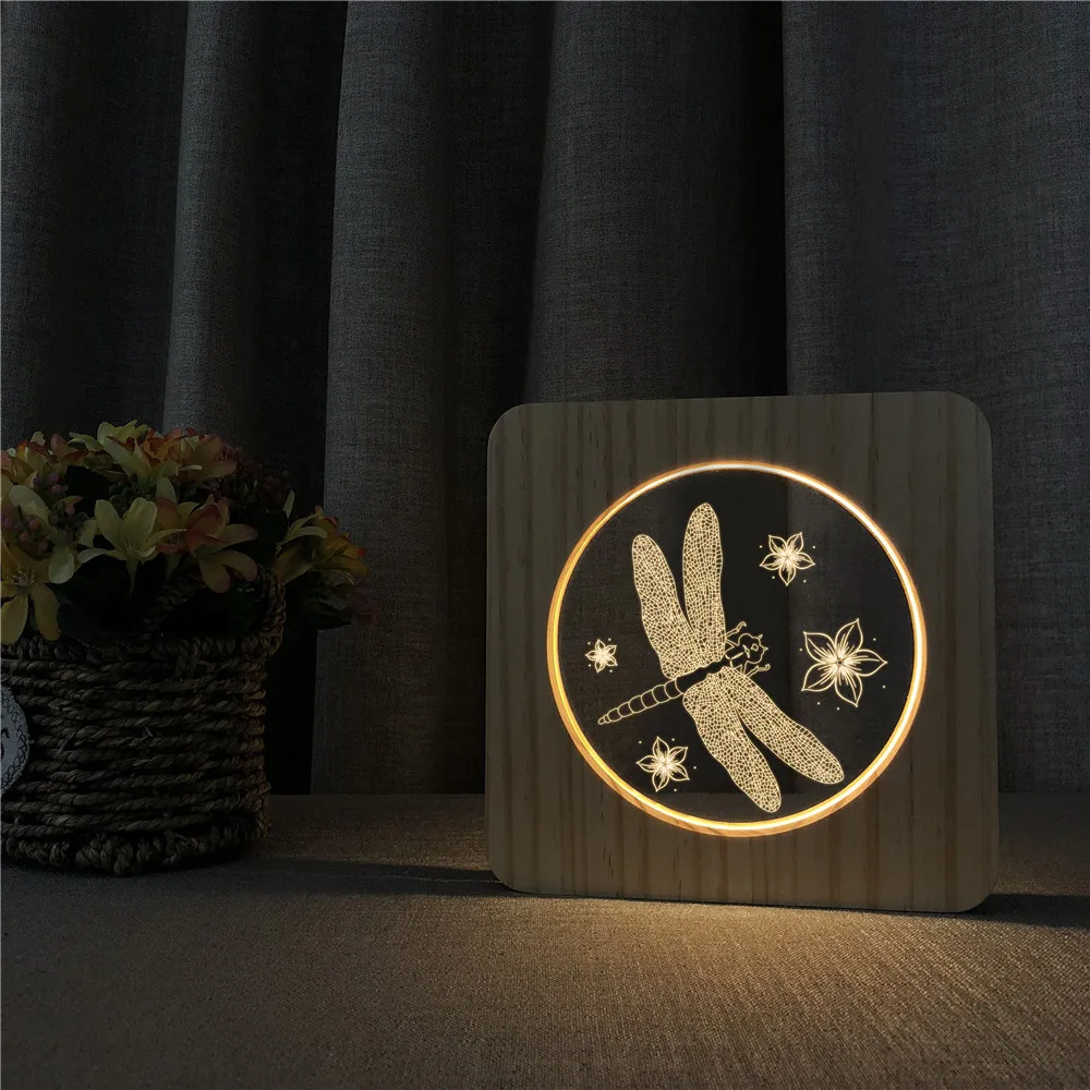 Butterfly Shape Wooden 3D LED Arylic Night Lamp Table Light Switch Control Carving Lamp for Children's Birthday Gift