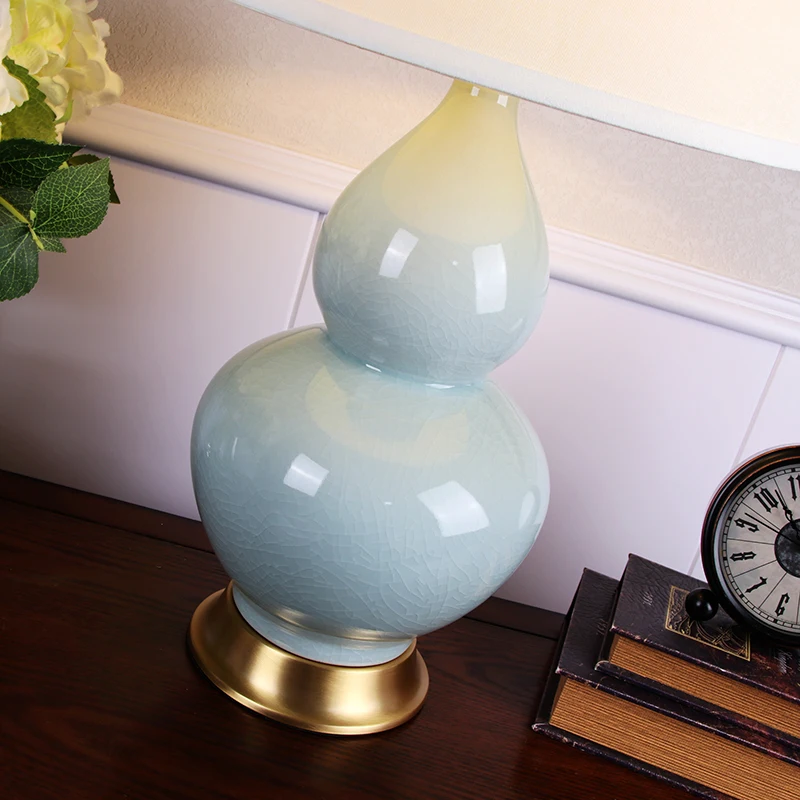 Large Shadow Cyan Crack Glaze Bottle Gourd Chinese Traditional Desk Lamp