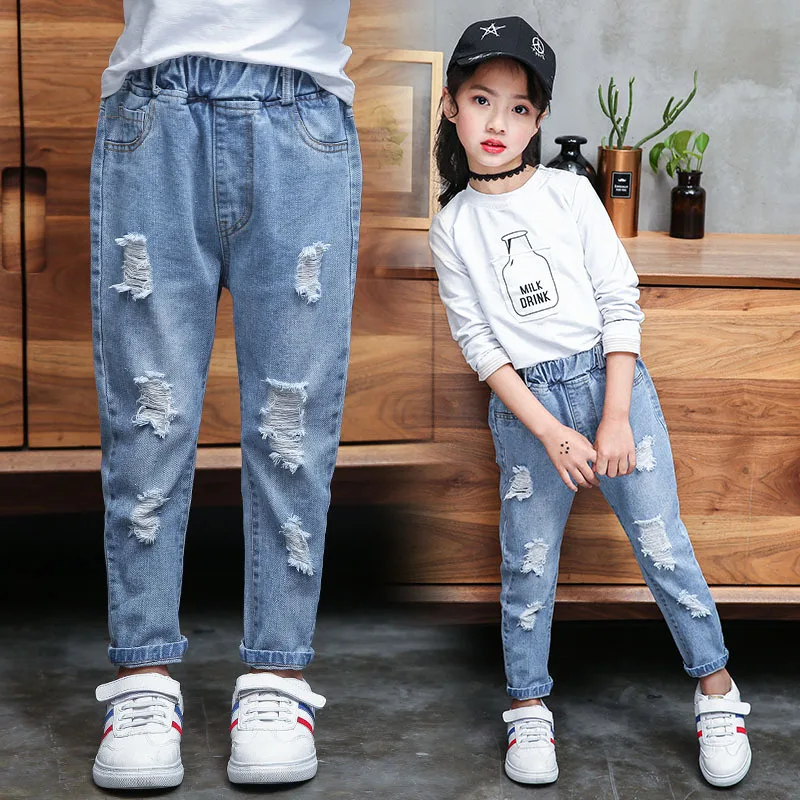 Spring Autumn Teenager Ripped Denim Pants Children Trousers Fashion Kids Hole Pants Casual Boy Girls Jeans 3-12 Year Kid Clothes