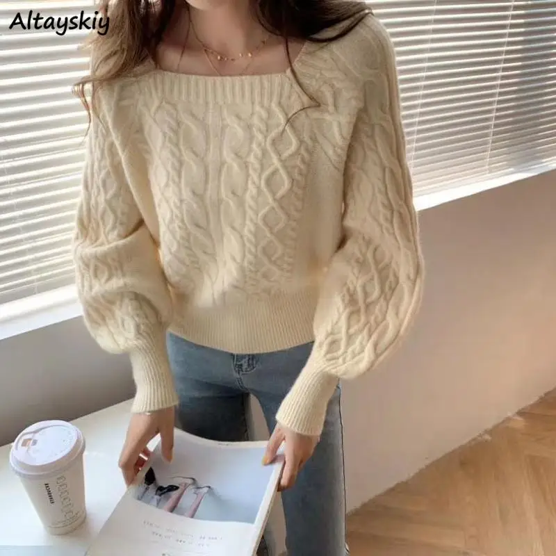 

Sweaters Women Fashion Slim Square Collar Long Sleeve Knitting Solid Simple Soft Cozy Tender Design Ulzzang Feminine Pullovers