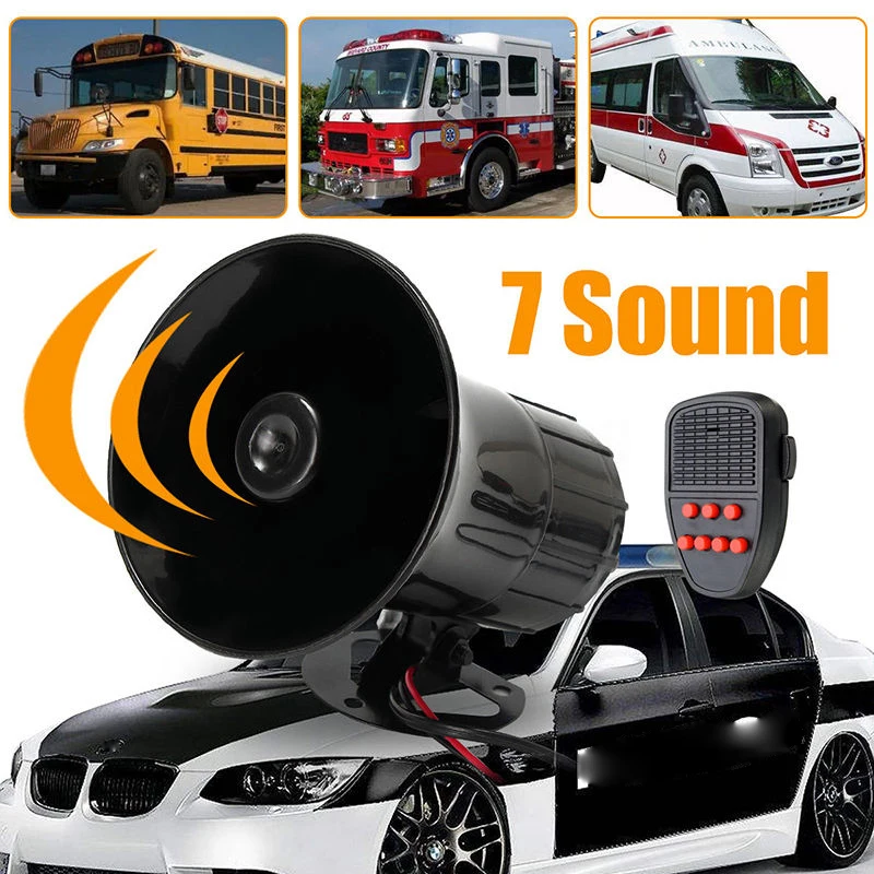 High Power 50W 12V 7 Sound Loud Car Warning Alarm For Police Fire Siren Horn PA Speaker System Motorcycle Cars Accessories