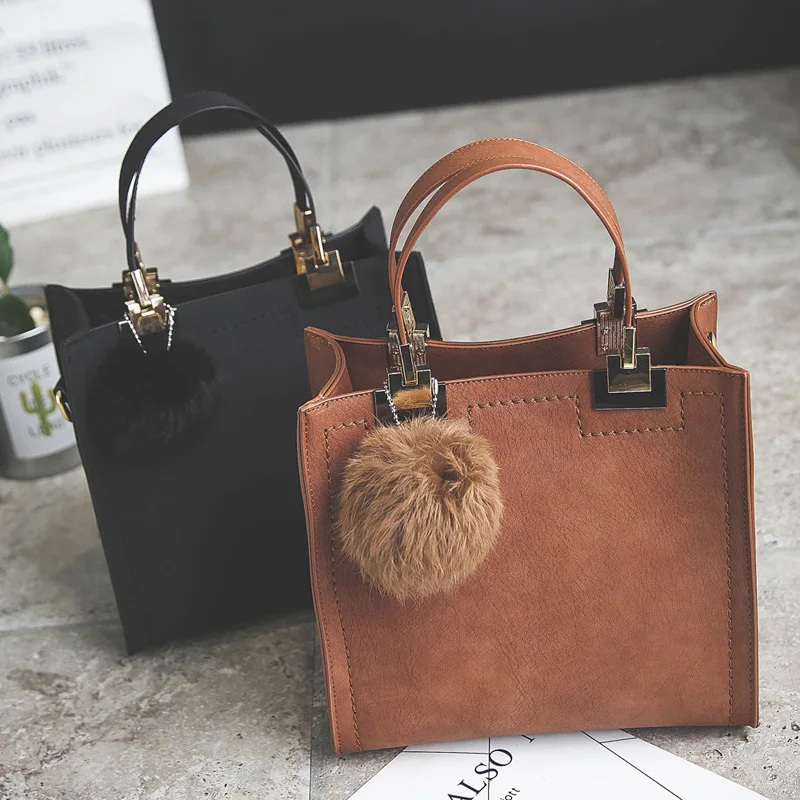 NEW HOT SALE Handbag Women Casual Tote Bag Females Large Shoulder High Quality Suede Leather Handbag With Fur Ball