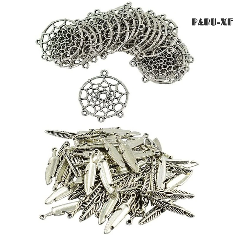 50Pieces Antique Silver Feather Dream Catcher Charms Pendants Connectors Set for DIY Jewelry Making Necklace Craft Accessories