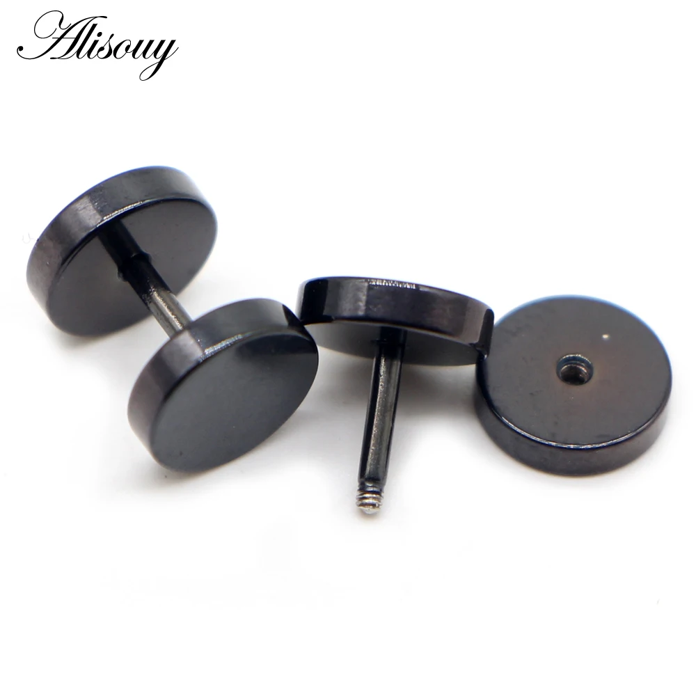 Alisouy 2pcs Gothic Stainless Steel Barbell Round Stud Earrings For Women Men Dumbbell Pierceing Earrings Punk Fashion Jewelry