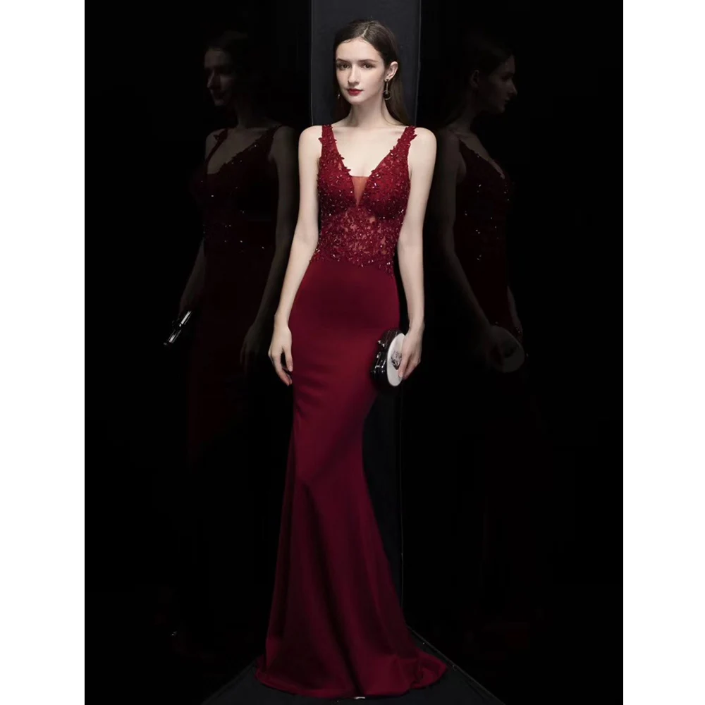 Evening-Dress-Long Pretty Sexy Vneck Evening-gown Mermaid Burgundy Color HS Kellio