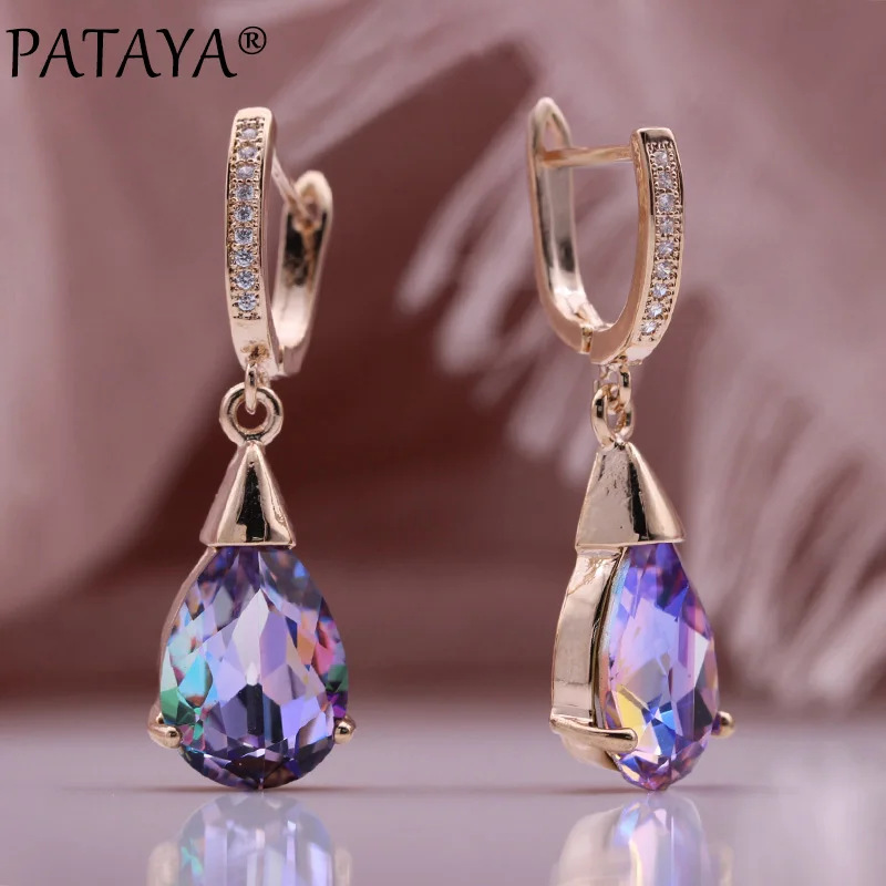 PATAYA New Trend Water Drop Natural Zircon Long Earrings 585 Rose Gold Color Women Dangle Earrings Romantic Gift Fashion Jewelry