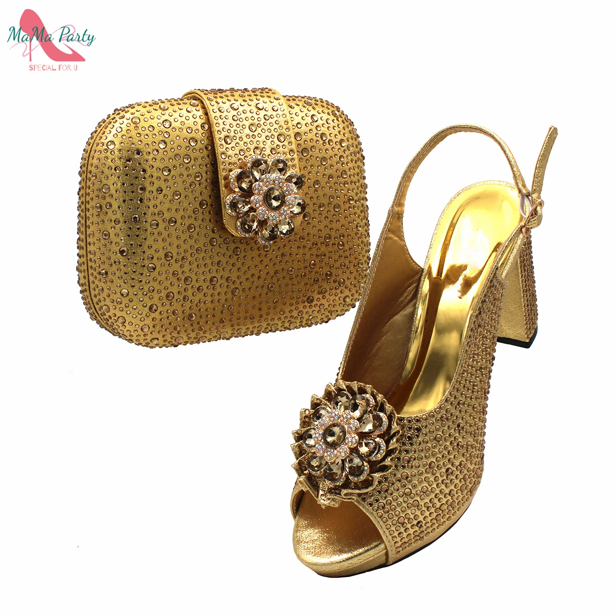 

2022 Winter New Arrival Italian Women Shoes and Bag Set in Golden Color High Quality Comfortable Heels for Wedding Party