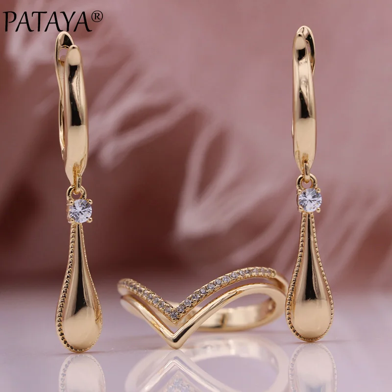 PATAYA New Glossy Water Drop Long Dangle Earrings Double Layer Natural Zircon Ring Set 585 Rose Gold Color Women Fashion Jewelry