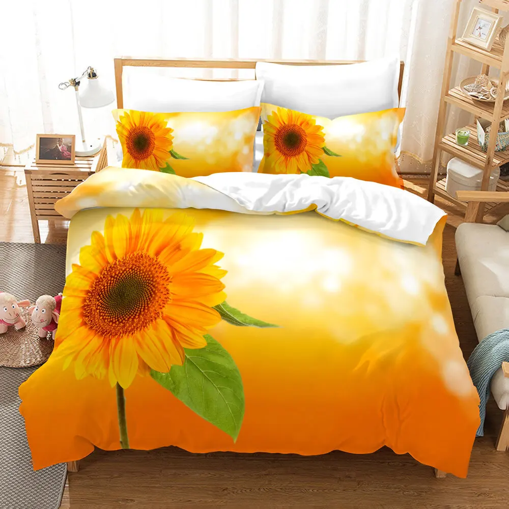 3D Sunflower Duvet Cover & Pillow Cover Set Single Double Twin Full Queen King Size Orange Bedding  Home Textile Yellow Bed Set