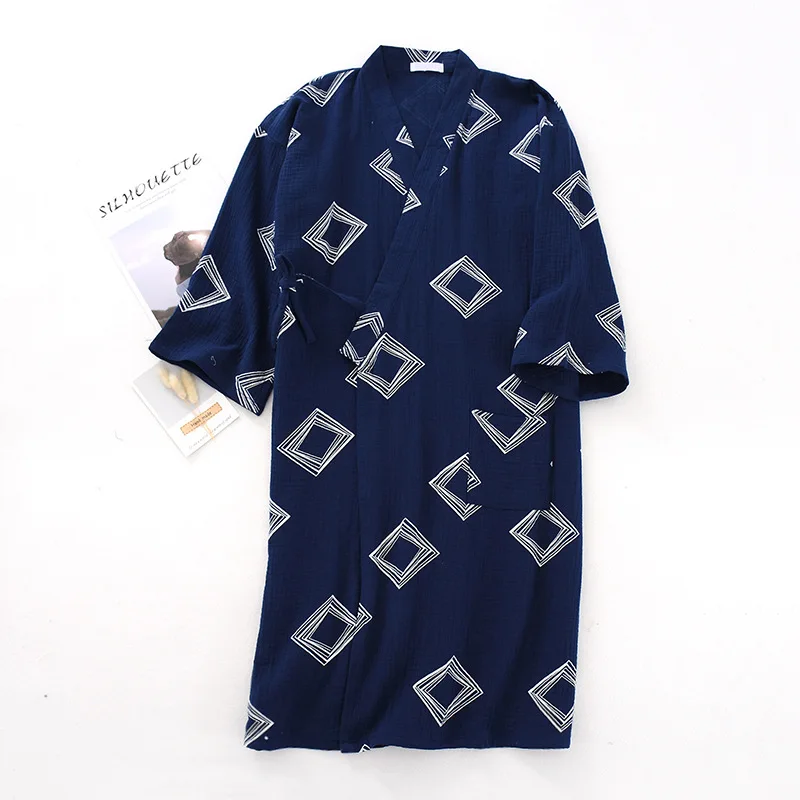 Summer Men Cotton Kimono Sleepwear V-Neck Loose Bathrobe Long Sleeve Nightgown Geometric Printing Robe Home Bath Robes