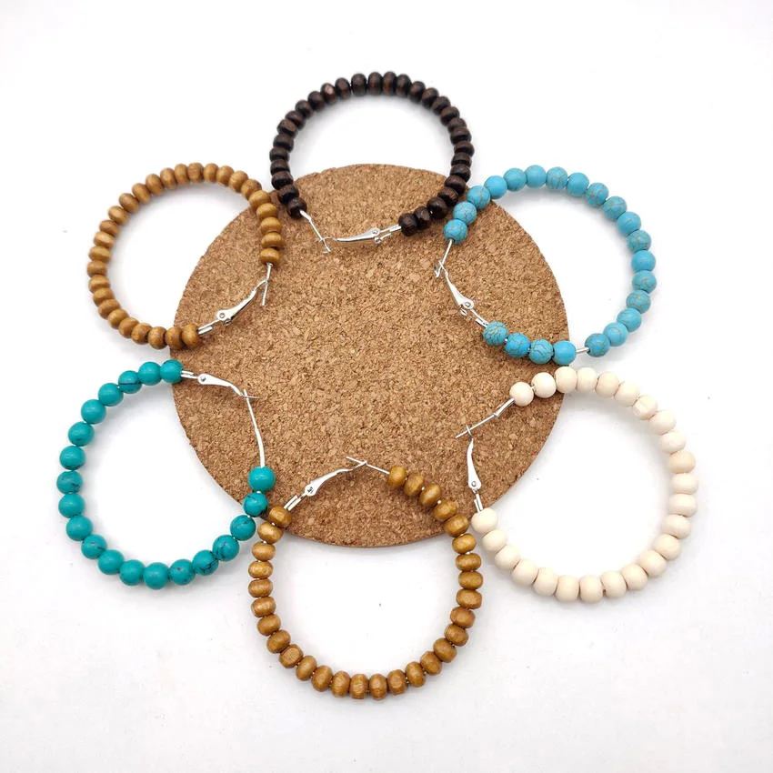 New Arrival Turquoise Beaded Wood Hoop Earrings for Women 2022 Classic Boho Bead Earrings Boutique Jewelry Free Shipping