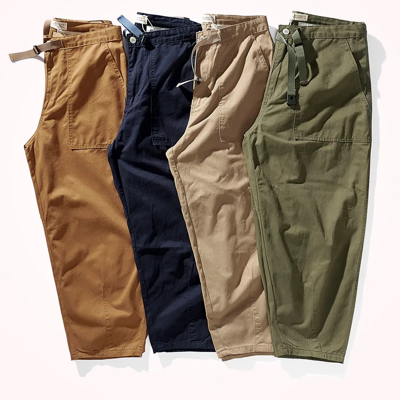 2021 Autumn New Japanese Retro Solid Color Pocket Woven Straight Pants Men\'s Tide Brand Washed Twill Loose Casual Wide-leg Pants