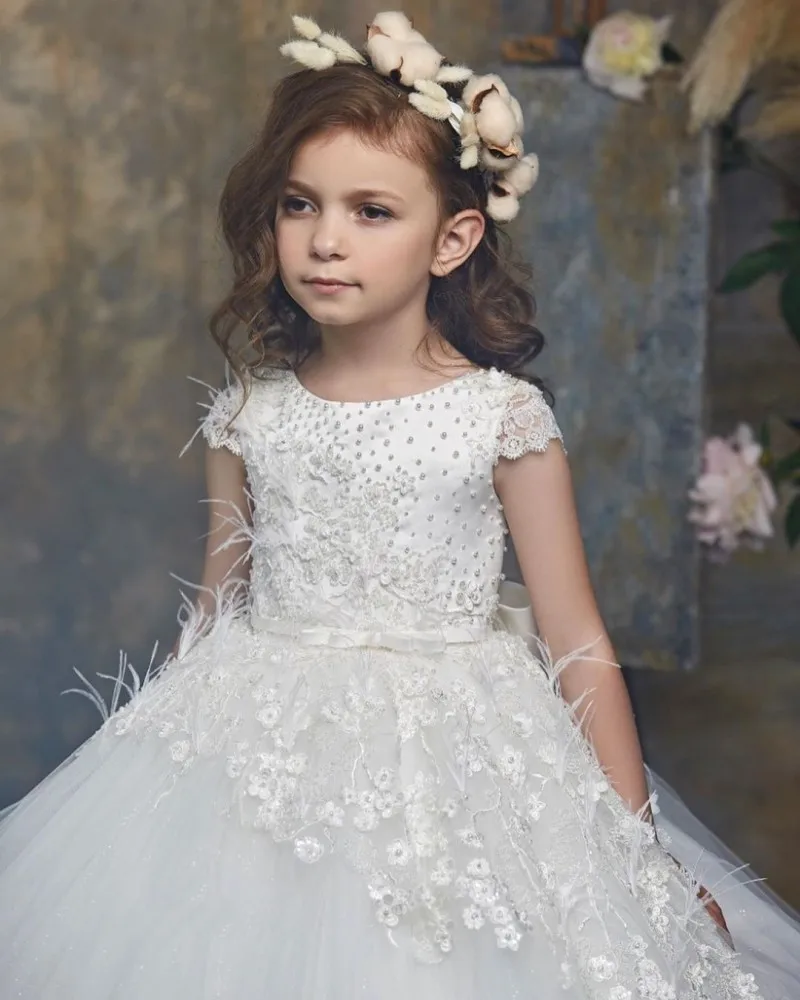 Robe de luxe à fleurs pour filles, à manches cape, avec des Appliques en dentelle, robe de bal pour enfants