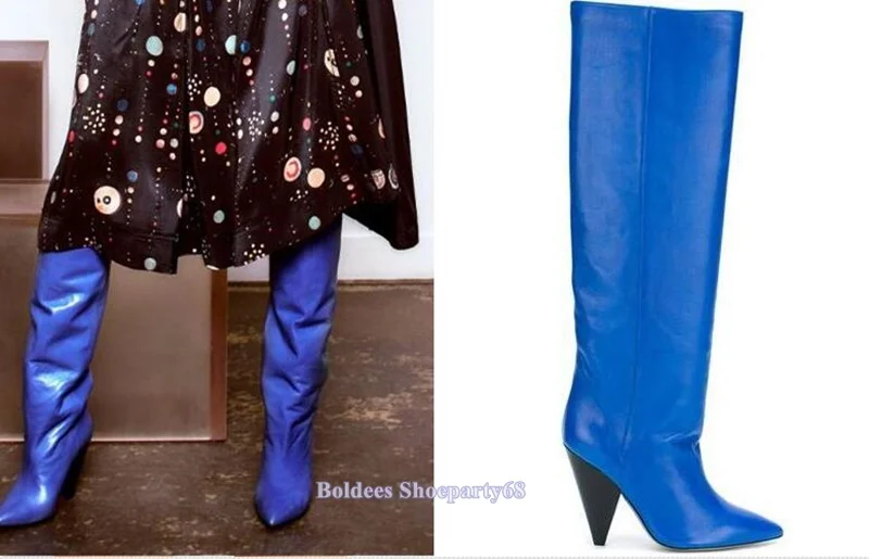 

Abnormal High Heeled Pointed Toe Fashion Blue Red Leather Woman Knee High Boots Designer Long Rain Botas