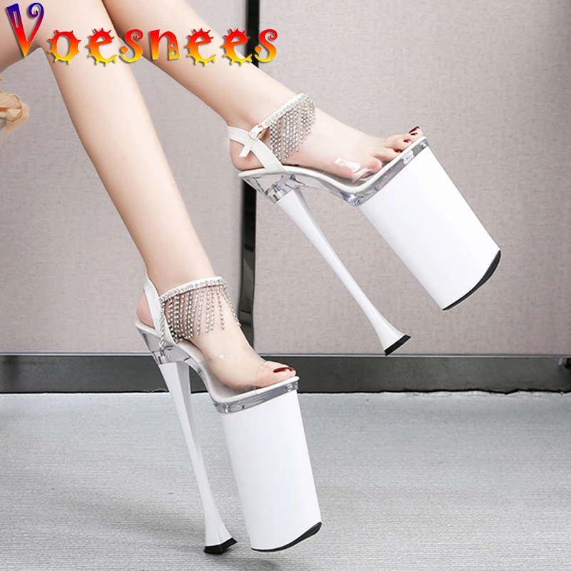 Brand Designer White Sandals 2021 New Summer Super High 26CM Fringe Platform Transparent  Sexy Diamonds Heels Sandals for Girls