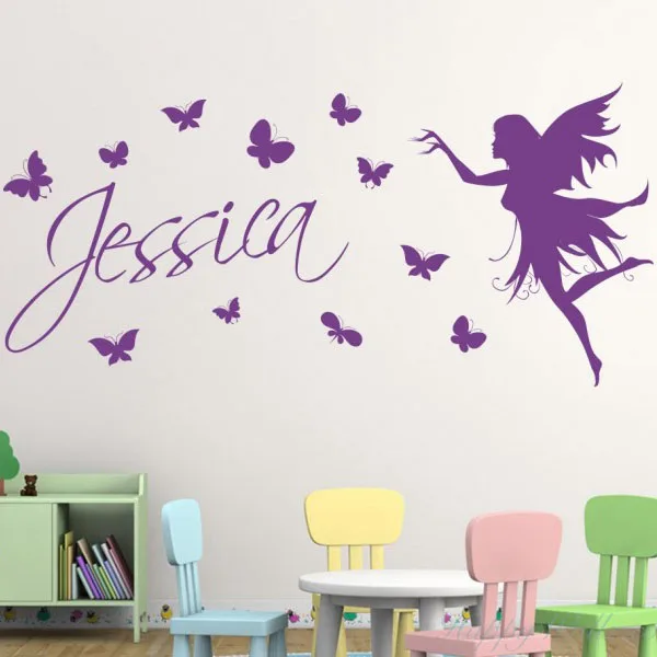 Butterflies and Fairy Wall Decal Personalised Custom Name Vinyl Window Stickers Kids Girls Bedroom Nursery Home Decor Mural Q001