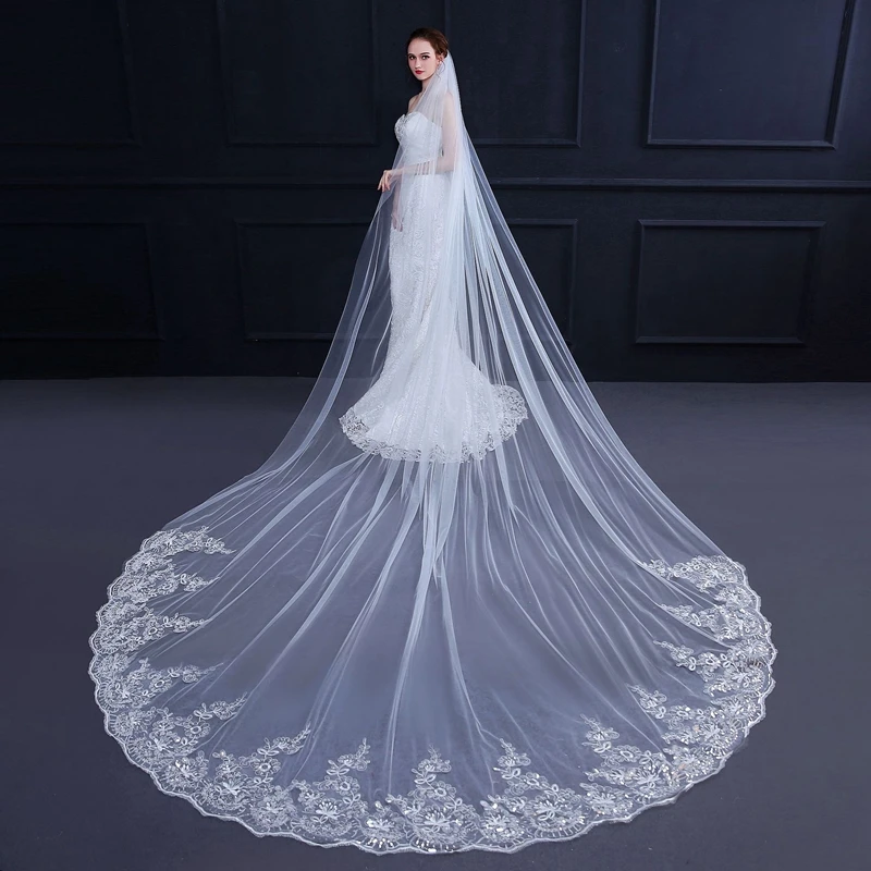 In Lager 3 Meter Weiß Elfenbein Hochzeit schleier Spitze Appliques Welon Novia accesorios Casamento Braut schleier mit Kamm Wesele