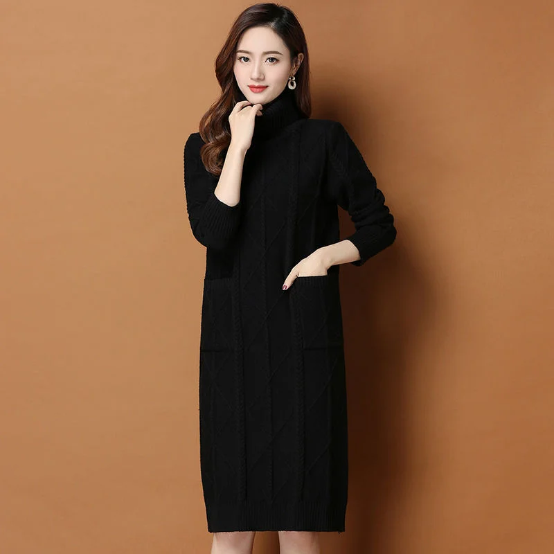 Long Sweater Dress Fashion Women Knitted Dresses Elegant Women Turtleneck Sweaters Dress Knitting Pullover Winter Women Dresses