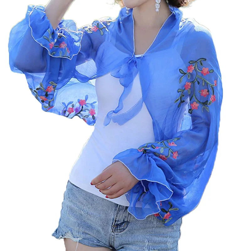 Summer Chiffon Scarf For Women Ruffles Long Sleeve Poncho Stole women Shawls driving Sunscreen Print Floral Lace Perspective New