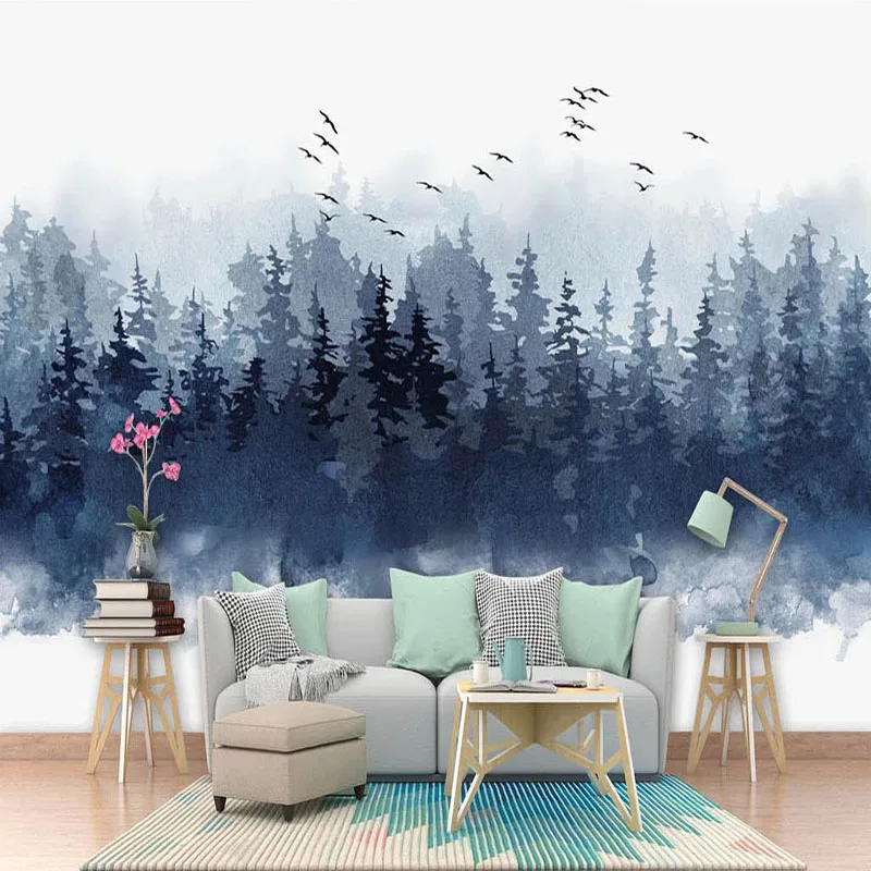 Custom Self-Adhesive Wallpaper Modern Abstract Hand Painted Blue Woods Mural Living Room Study Forest Fresco 3D Stickers